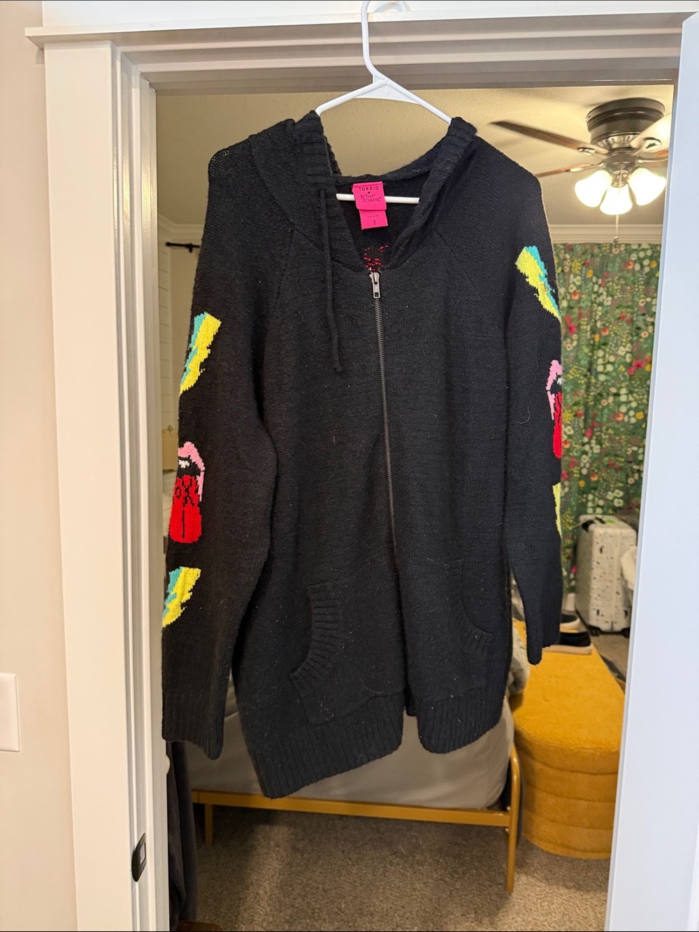 Betsey Johnson Black Zip Hoodie Cardigan with Multicolor Sleeve Motifs
